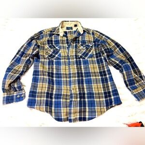 Vintage Men’s Sears Plaid Button Down Long Sleeve Shirt Blue And Tan Size Medium